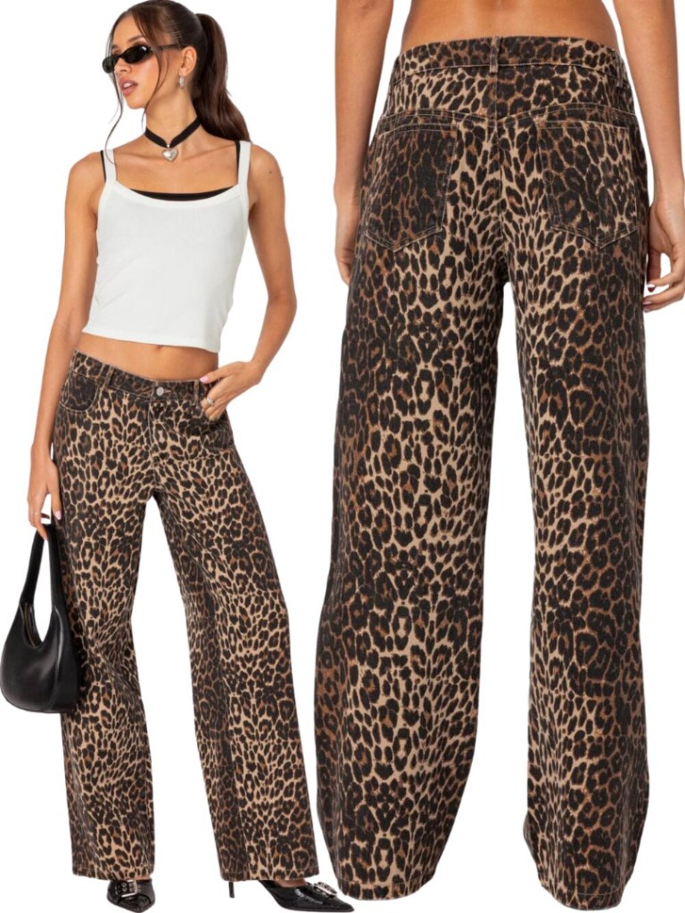 Edikted Leopard Printed Low Rise Baggy Jeans Women's XS Festival Fun Bold Trendy
